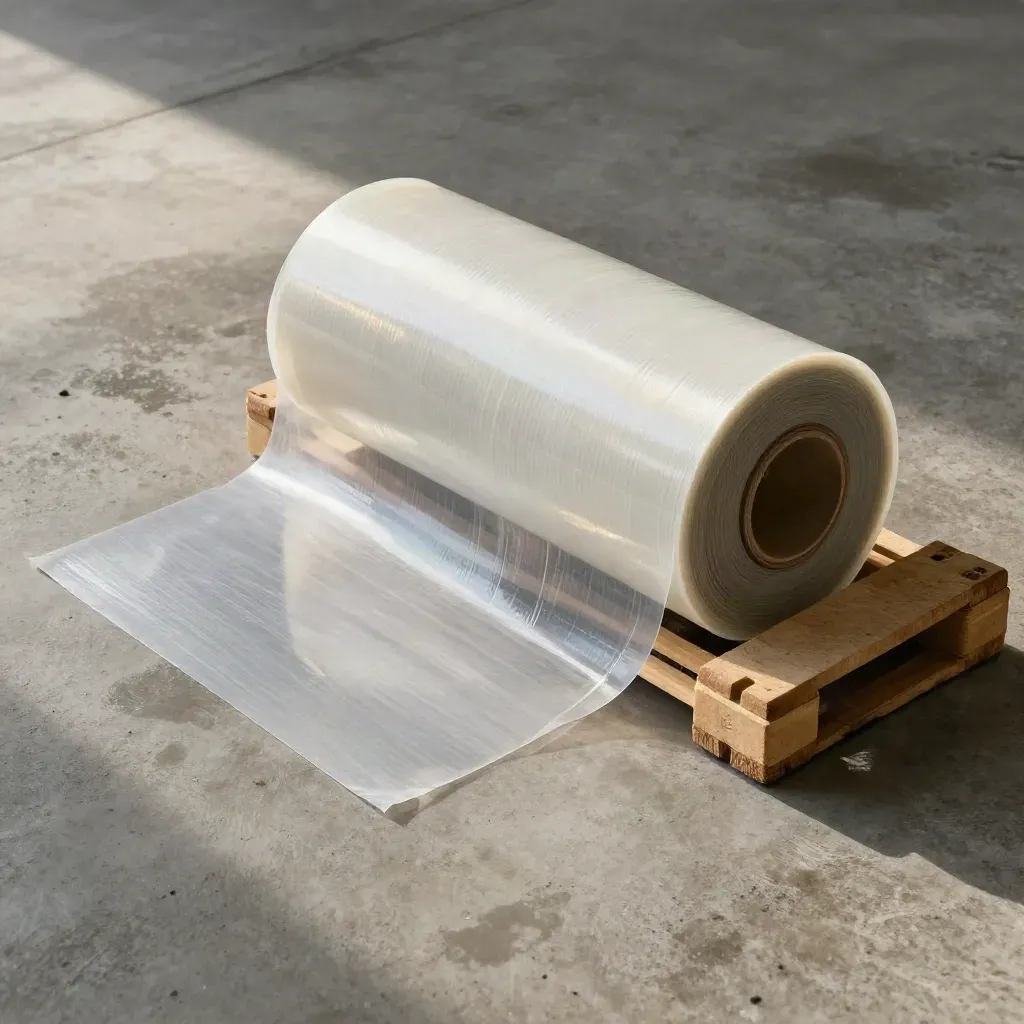 Overhead flatlay of pallet wrap rolls, film ribbon and a kraft pallet block on damp concrete