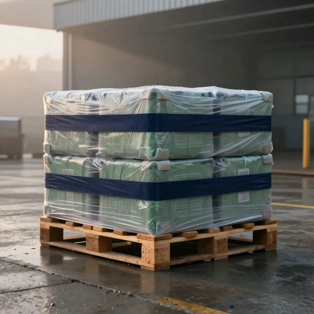 Wholesale pallet pack on a dock at sunrise with cartons, mist, and wet wrap.