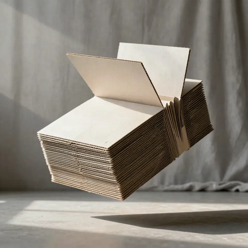 Stack of carton packs fanning upward in a dramatic warehouse-style studio scene.
