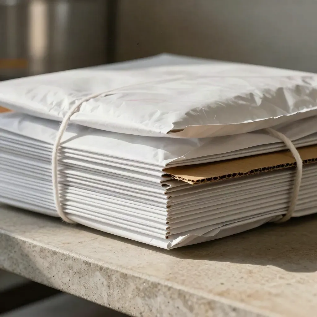 Macro stack of matte white mailer bags with cotton tie and cardboard spacer on stone