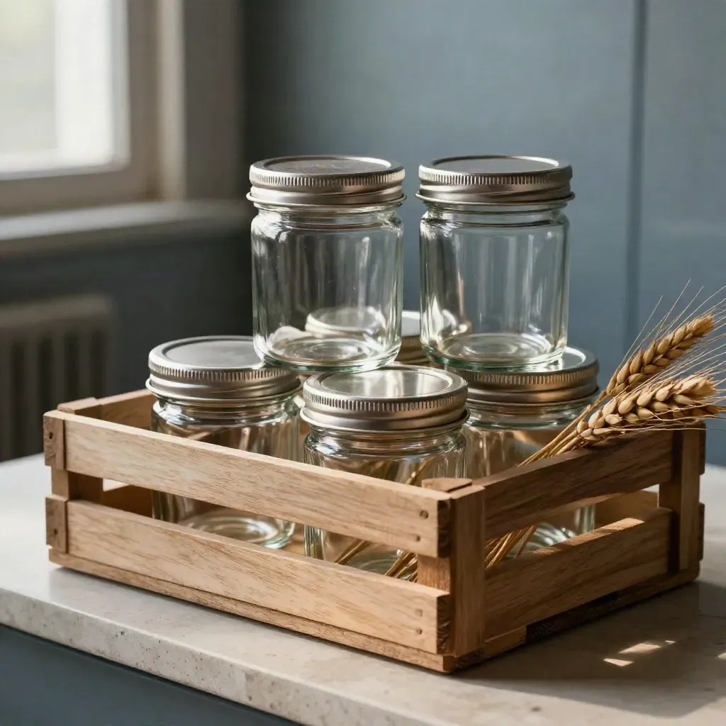Clear jars in a wooden crate with barley stems on a stone ledge, softly lit.