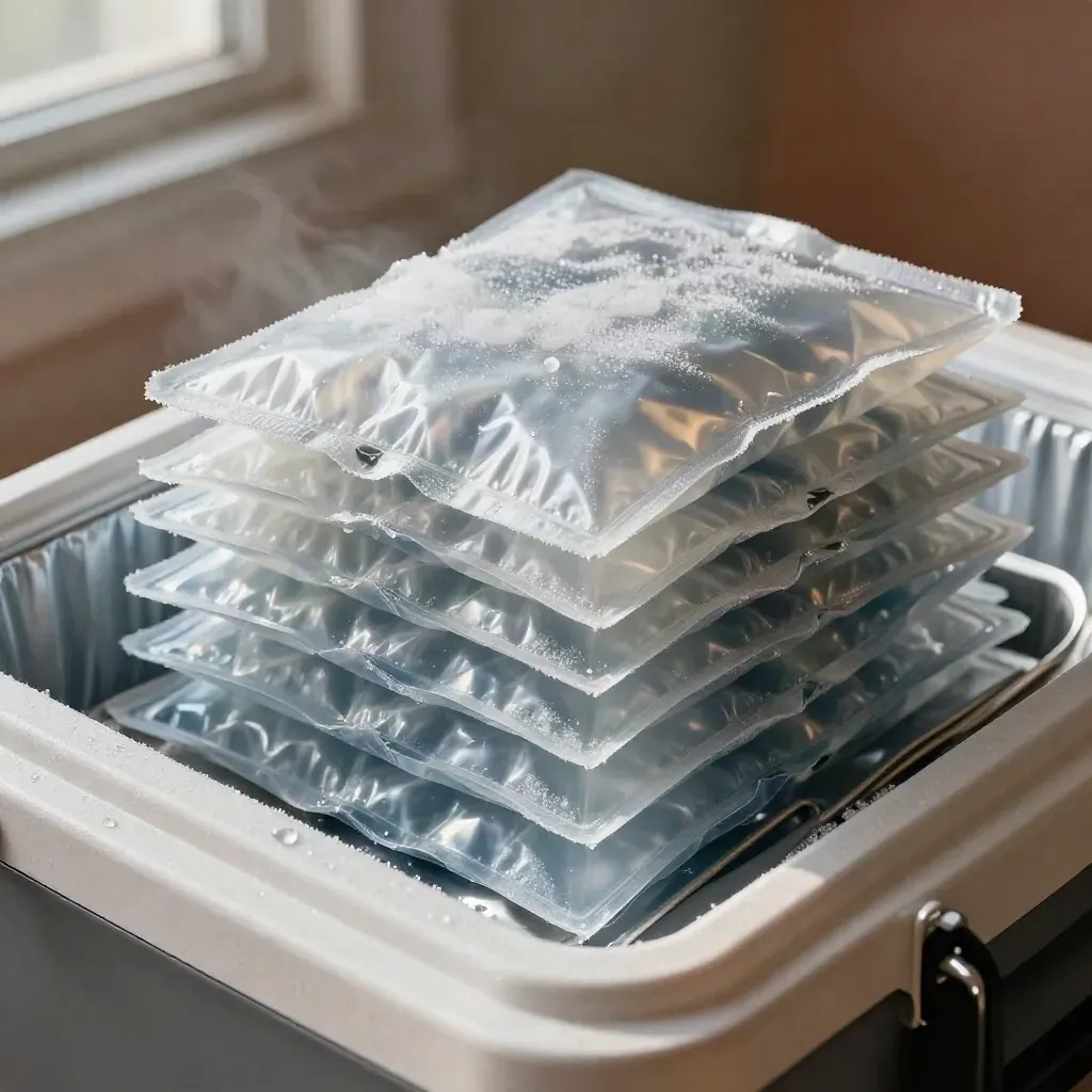 Frost-beaded gel packs stacked beside an insulated liner and chilled tray in cold vapor.