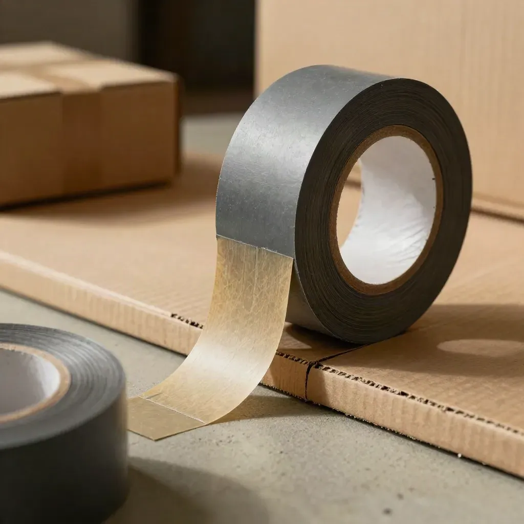 Macro of graphite trade tape pulled across a kraft carton seam with hard raking light.