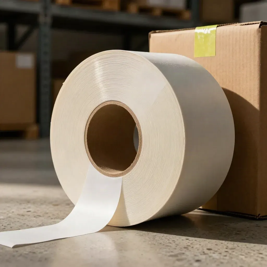 Label spool with curling adhesive leader on a dark dispatch bench in a dim warehouse.
