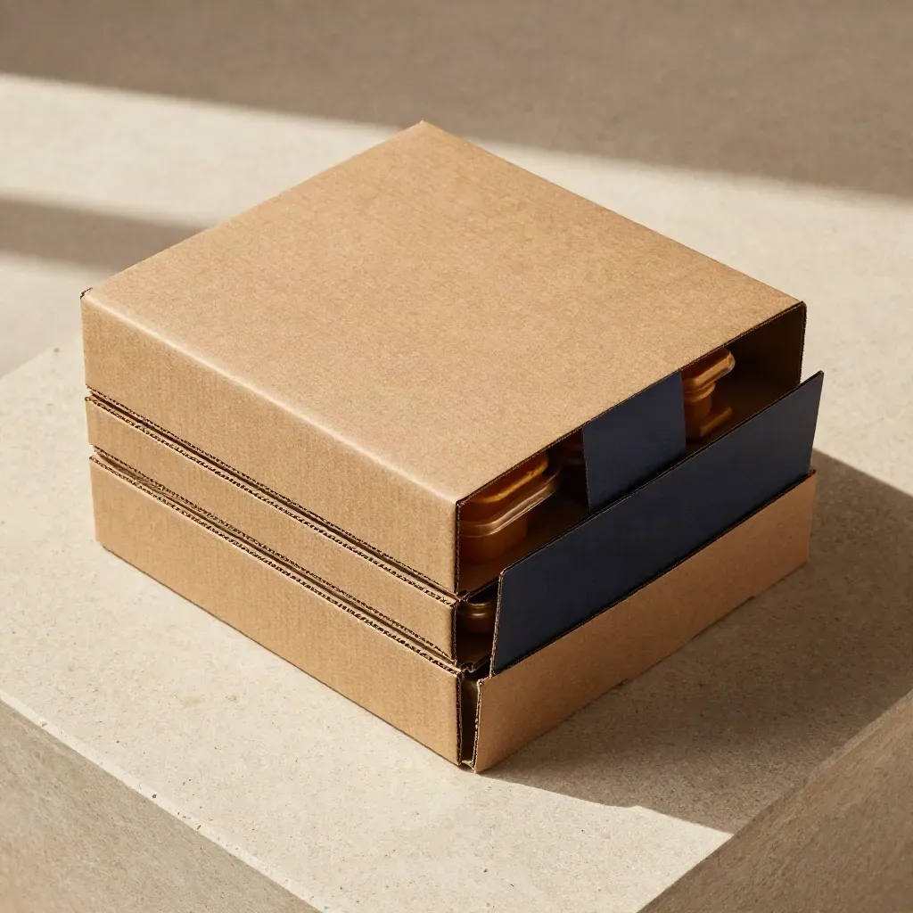 Top-down stack of unbranded snack cartons on warm stone, one open showing trays and separators.