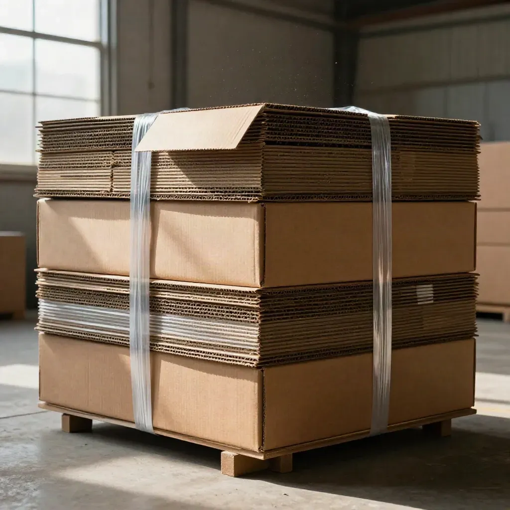 Low-angle stack of shrink-banded corrugated shipping cartons on a concrete floor