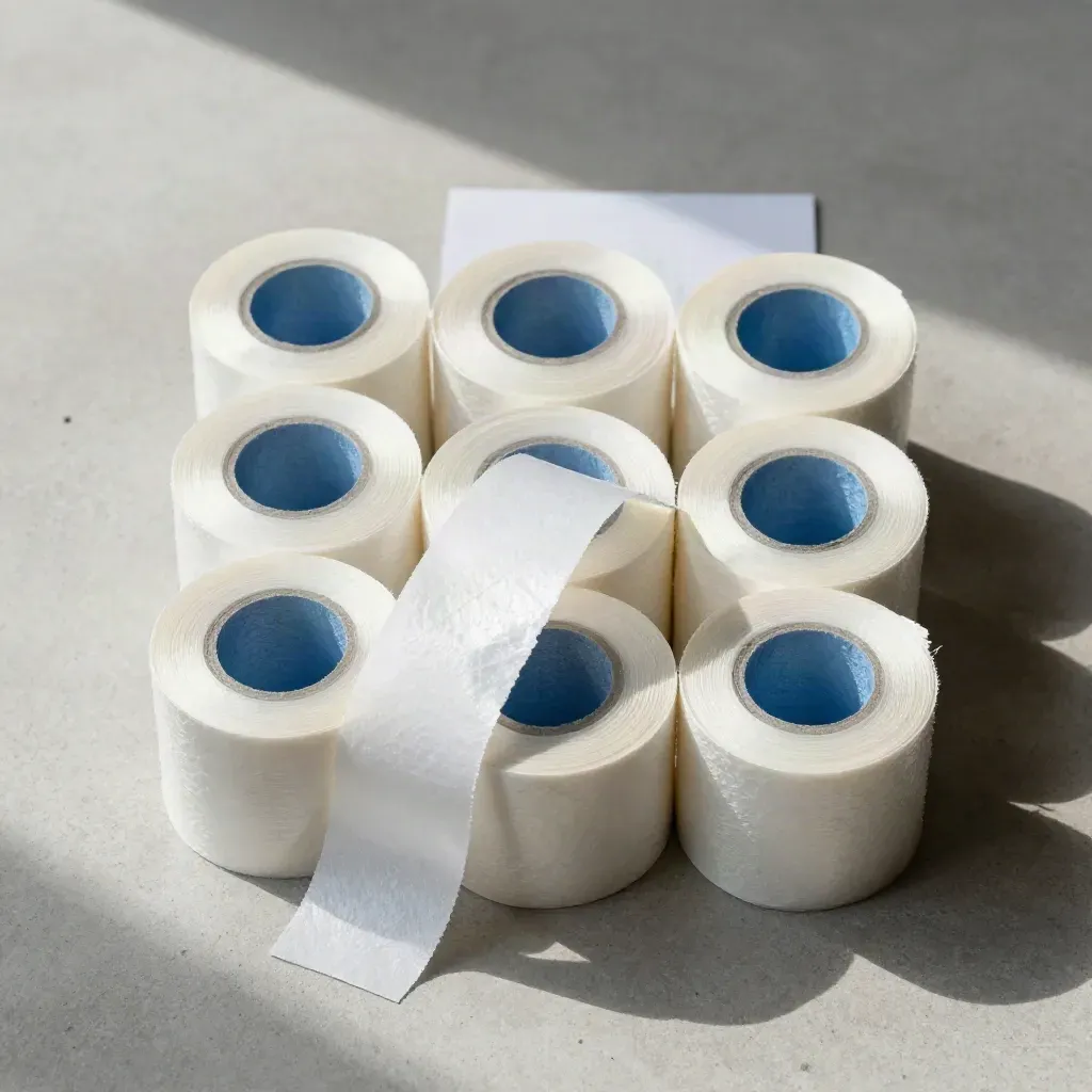 Six stretch wrap mini rolls with a curling translucent film strip on pale concrete.