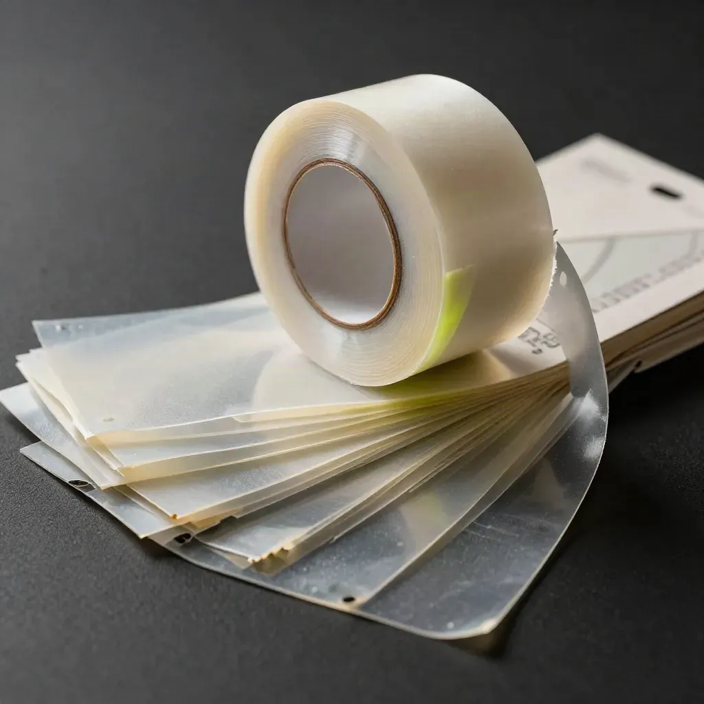 Macro of stacked tamper seal sheets arcing mid-air on a dark studio plinth with lime rim light.