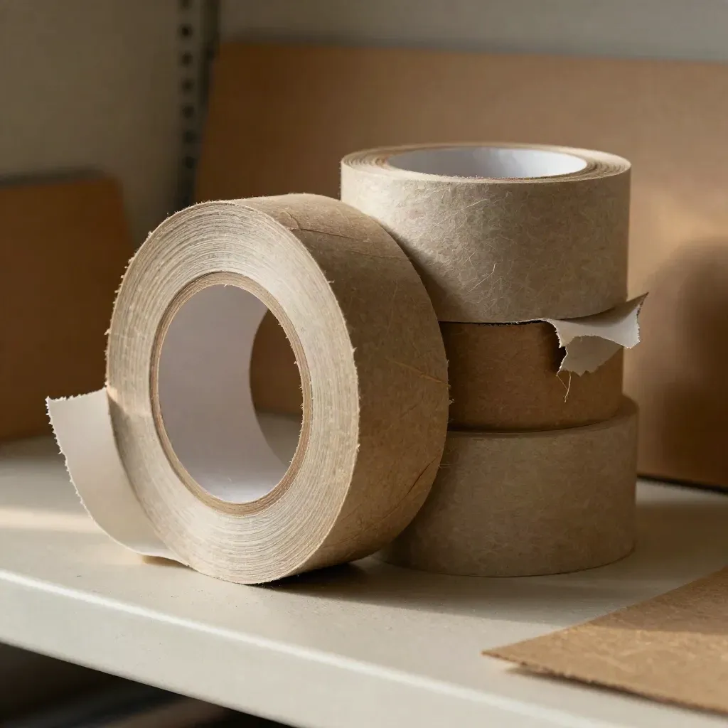 Kraft paper tape rolls with torn fibrous edges and a curled tail on a pale shelf.