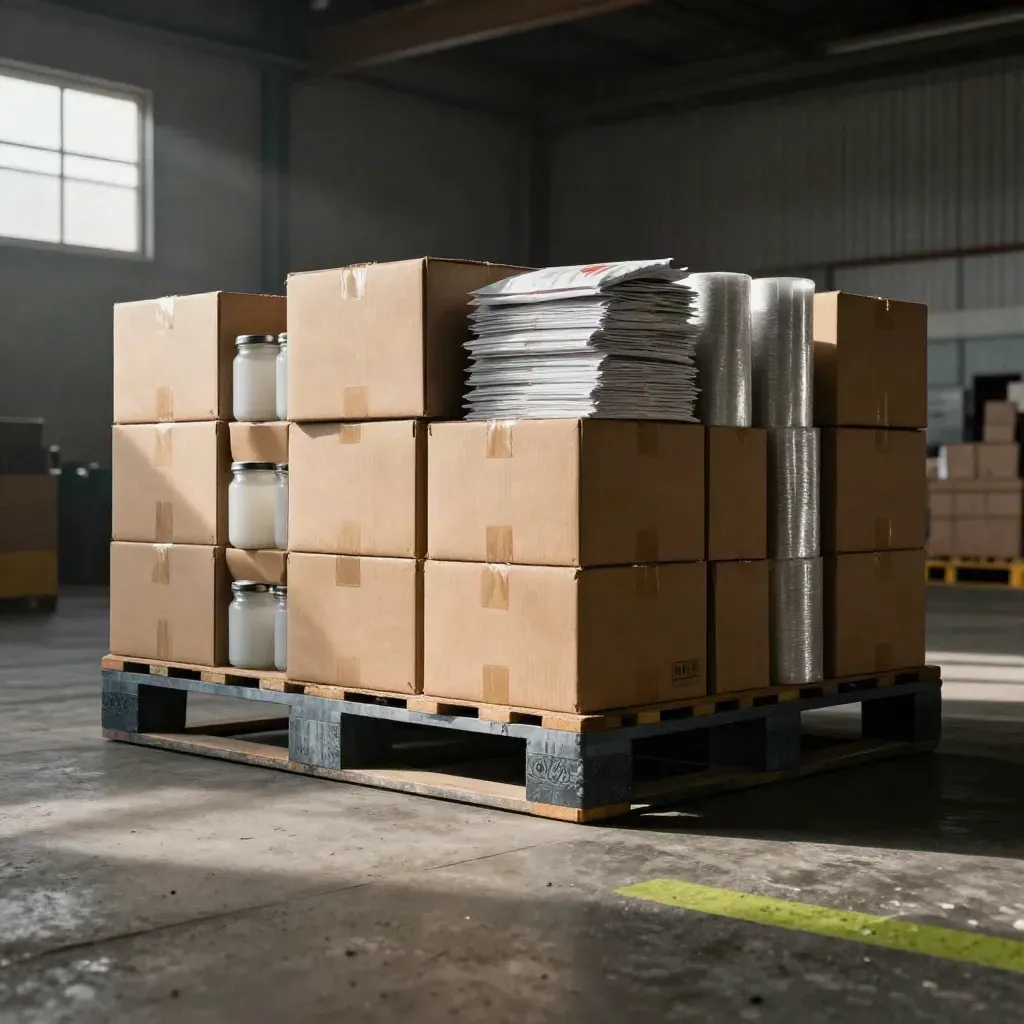 Low-angle warehouse pallet of blank cartons, jars, mailers and wrap rolls under cool dramatic light.