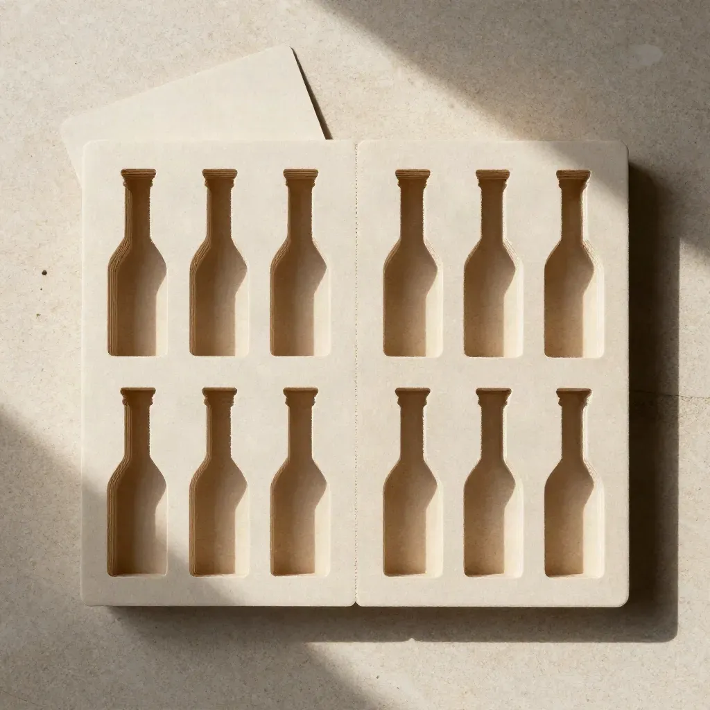 Top-down flatlay of bottle dividers interlocked in a precise grid on warm stone.