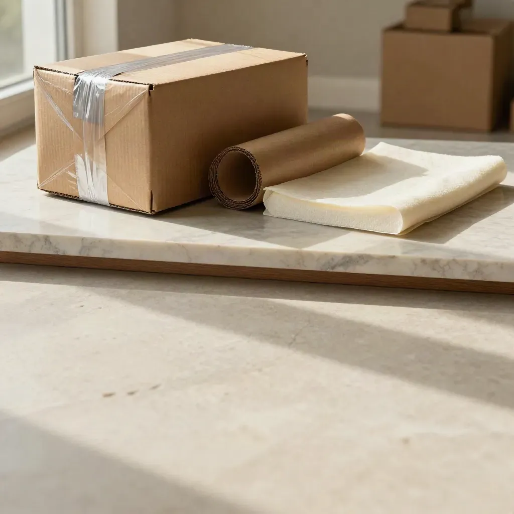 Wrapped cartons on honed marble with calm copy space and soft sunlight