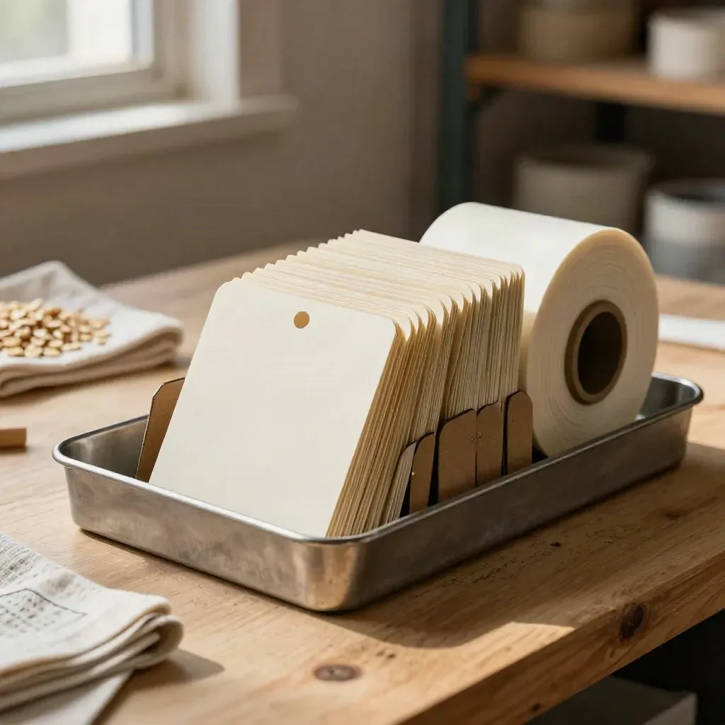 Retail shelf tags, kraft dividers and a reel arranged in a metal tray on a workbench.