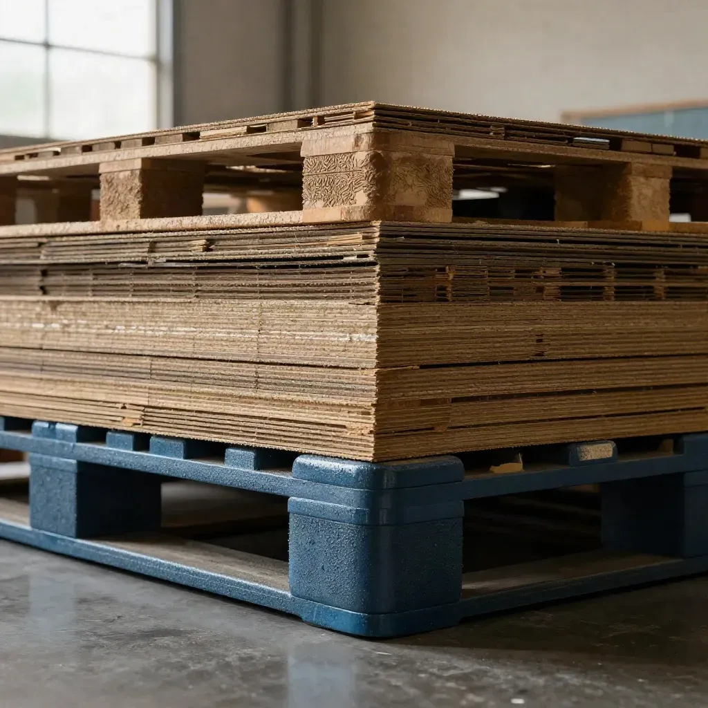 Stacked pallet corner guards in a dramatic low-angle warehouse product shot.