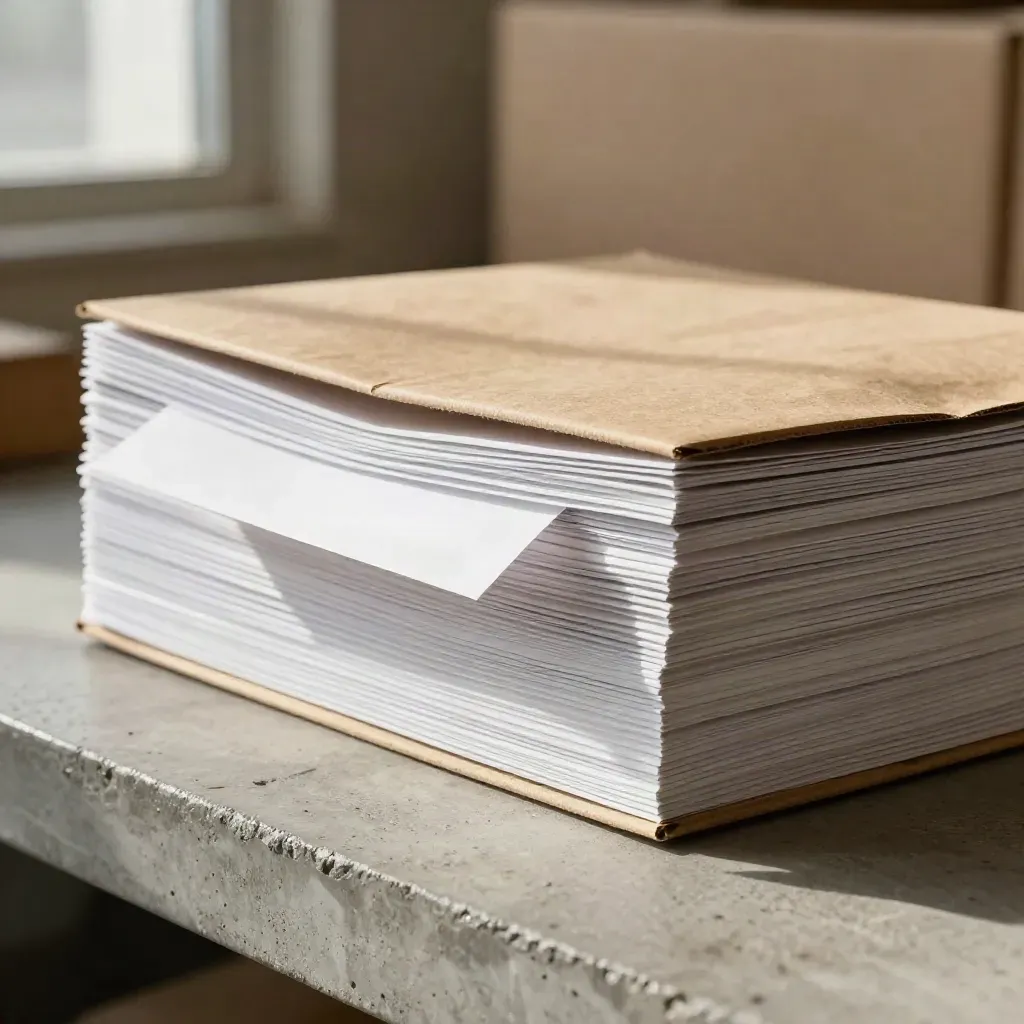 Macro stack of courier mailers with one open, kraft insert and seal strip on concrete.