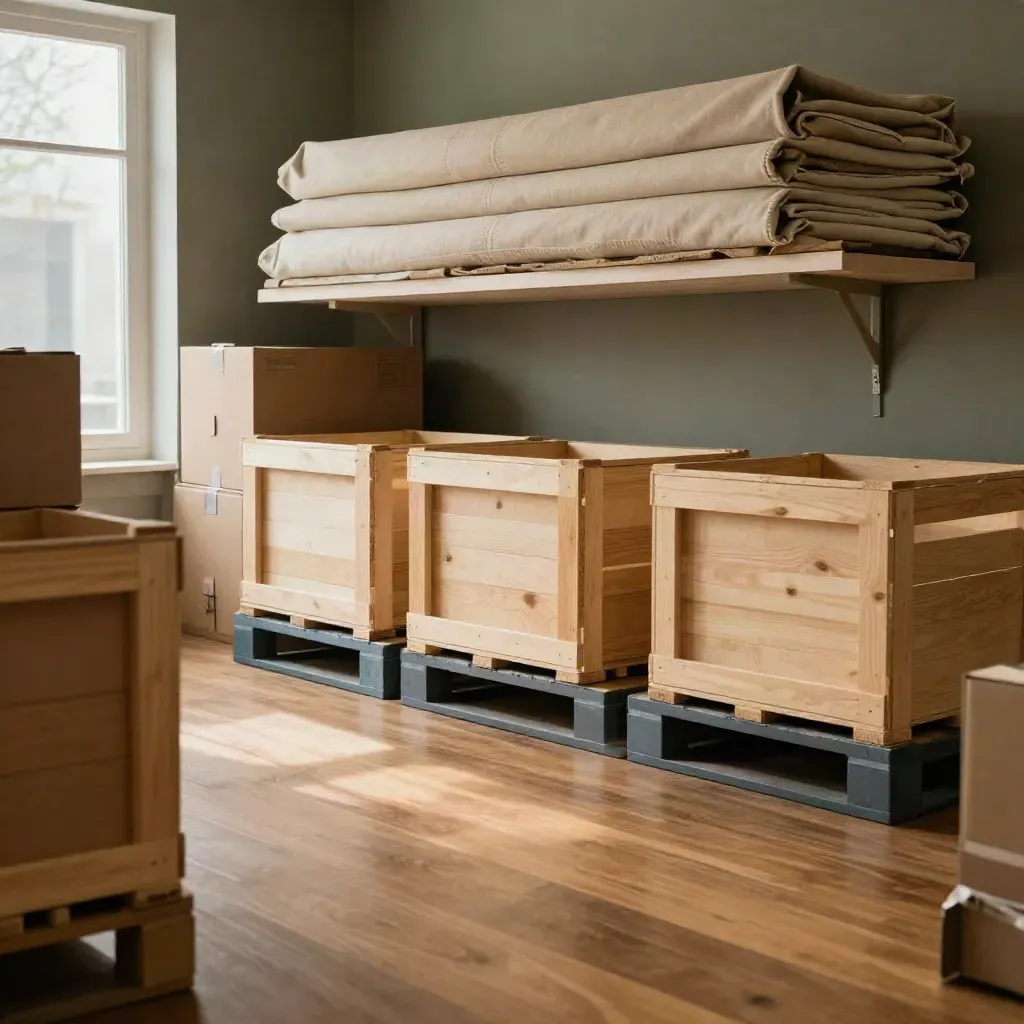 Warm timber export showroom with blank crates, shelving, and soft window light over open floor.