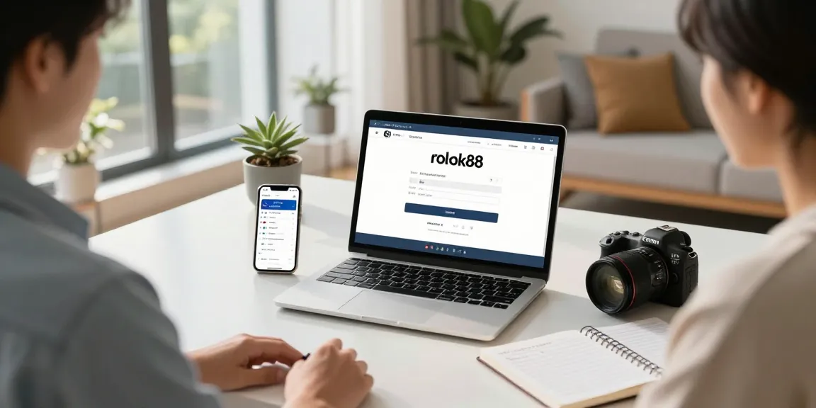 User performing rokok88 login on a modern laptop in a cozy home office, showcasing productive digital banking activities.